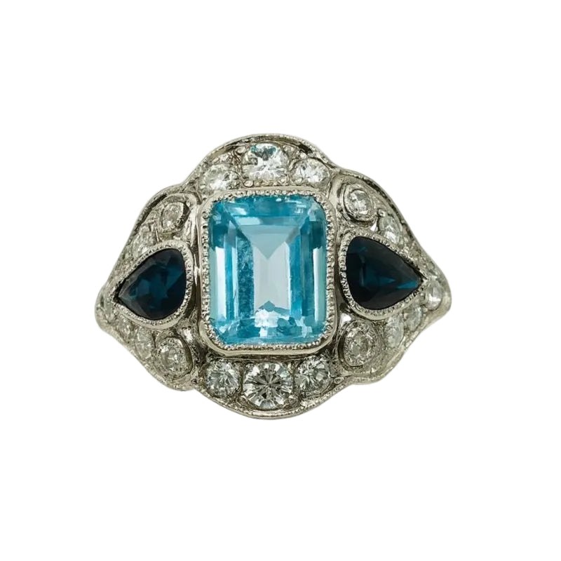 Bague ART DECO Anillo en platine avec aigue - marine, saphirs et diamants - Castafiore