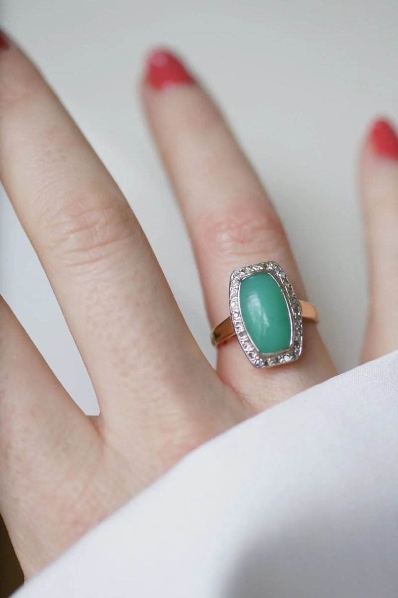 Bague Art Deco Chrysoprase Diamants - Castafiore