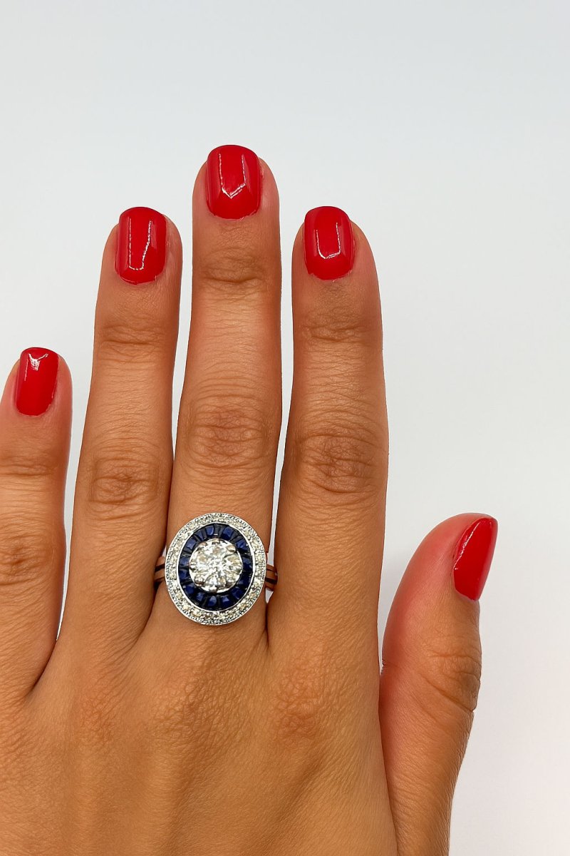 Bague Art Déco diamants et pierres bleues - Castafiore