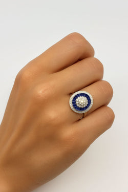 Bague Art Déco diamants et pierres bleues