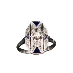 Bague Art Déco Diamants Et Saphirs Calibrés, Or Blanc 18 Carats. - Castafiore