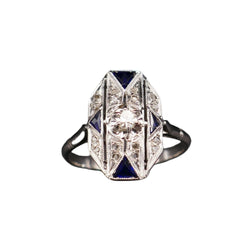 Bague Art Déco Diamants Et Saphirs Calibrés, Or Blanc 18 Carats. - Castafiore