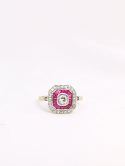 Bague Art Deco diamants taille ancienne rubis calibrés - Castafiore