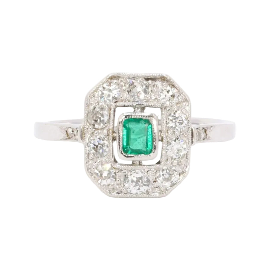 Bague Art Deco émeraude diamants taille ancienne - Castafiore