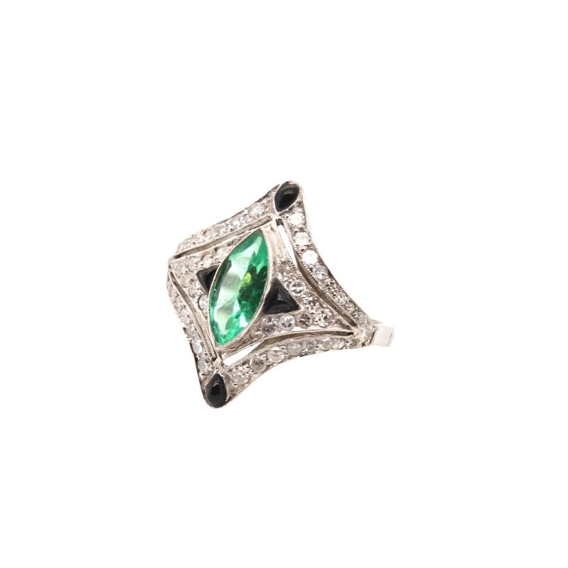 Bague Art déco émeraude, saphirs et diamants - Castafiore