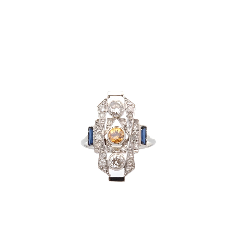 Bague Art déco en or blanc, saphirs et diamants - Castafiore