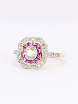 Bague Art - Déco en or, diamants et rubis calibrés - Castafiore