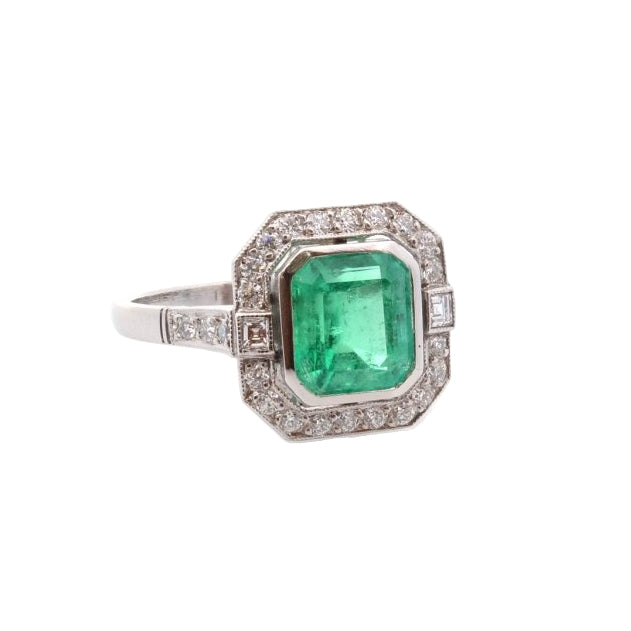 Bague Art déco en platine et émeraude - Castafiore
