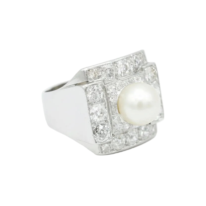 Bague Art Déco en platine, perle de Culture et diamants - Castafiore