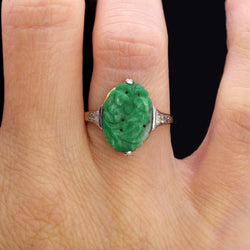 Bague Art déco jade et diamants en or jaune et platine - Castafiore