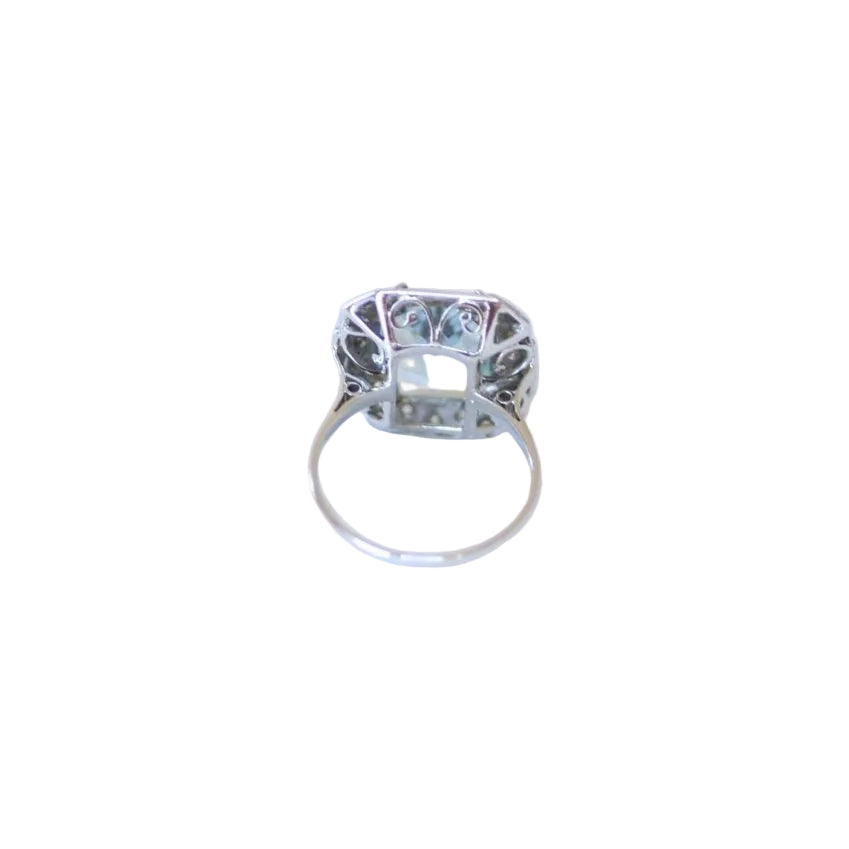 Bague Art Déco Octogonale Aigue - Marine 4,90 Cts et Diamants - Castafiore