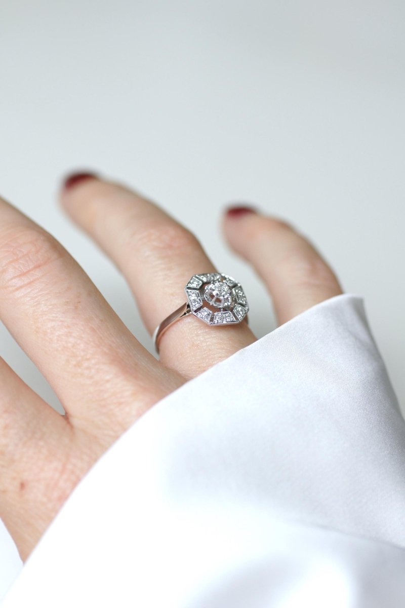 Bague Art Déco Octogonale Diamants 0,60 Ct - Castafiore