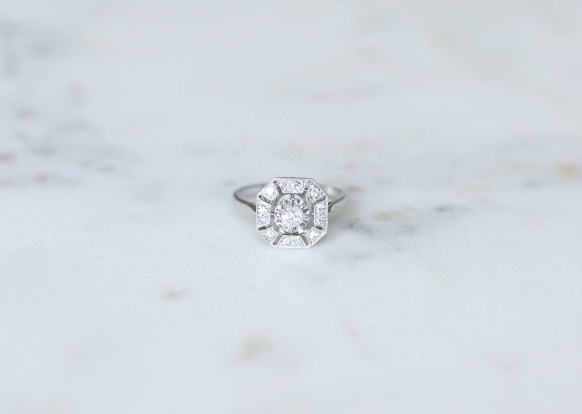 Bague Art Déco Octogonale Diamants 0,60 Ct - Castafiore