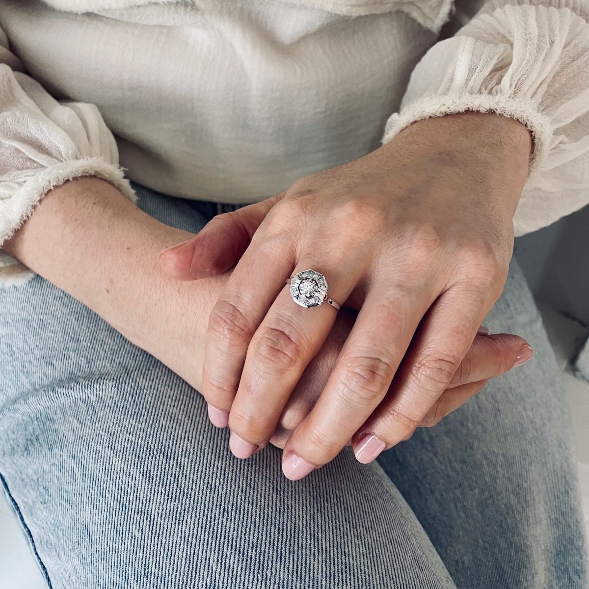 Bague Art Déco octogonale diamants or blanc et platine - Castafiore