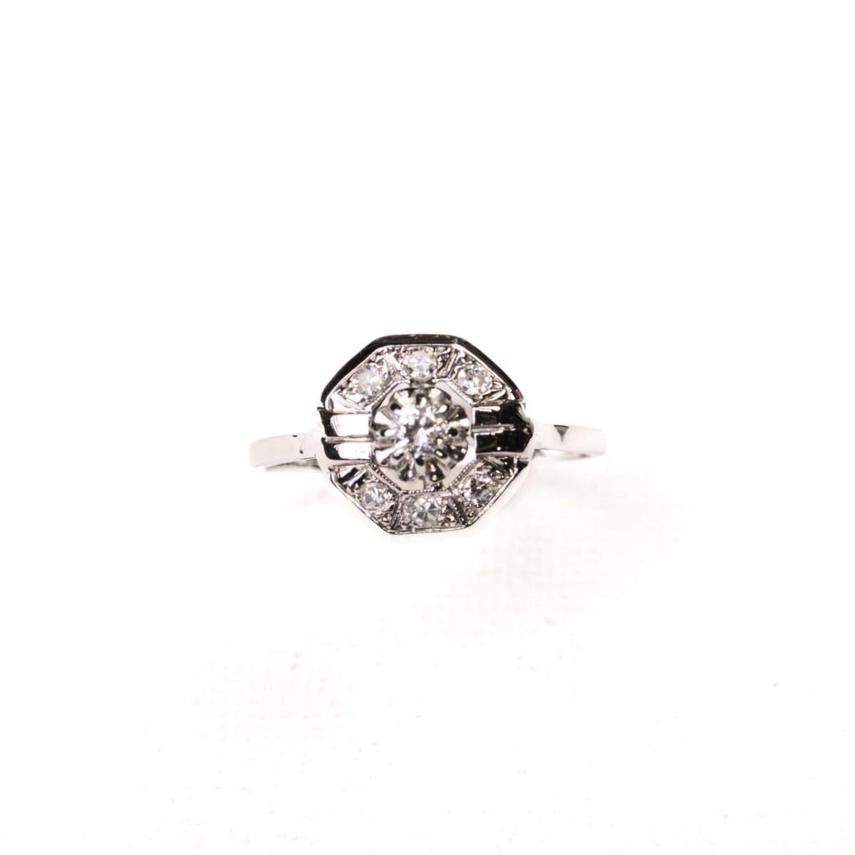 Bague Art Déco octogonale diamants or blanc et platine - Castafiore