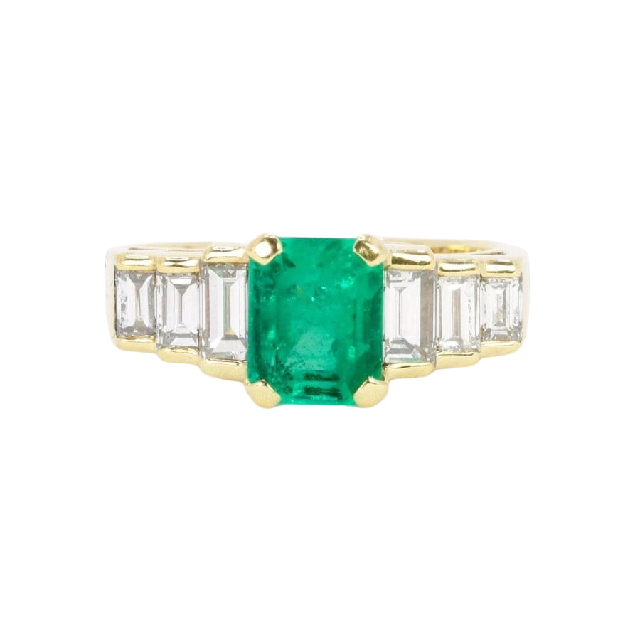 Bague Art Deco or jaune diamants emeraude colombienne Muzo 1,9 carat - Castafiore