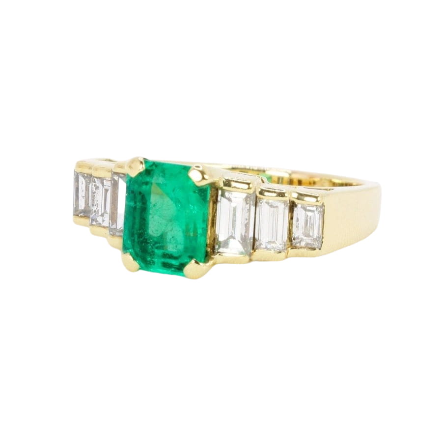 Bague Art Deco or jaune diamants emeraude colombienne Muzo 1,9 carat - Castafiore