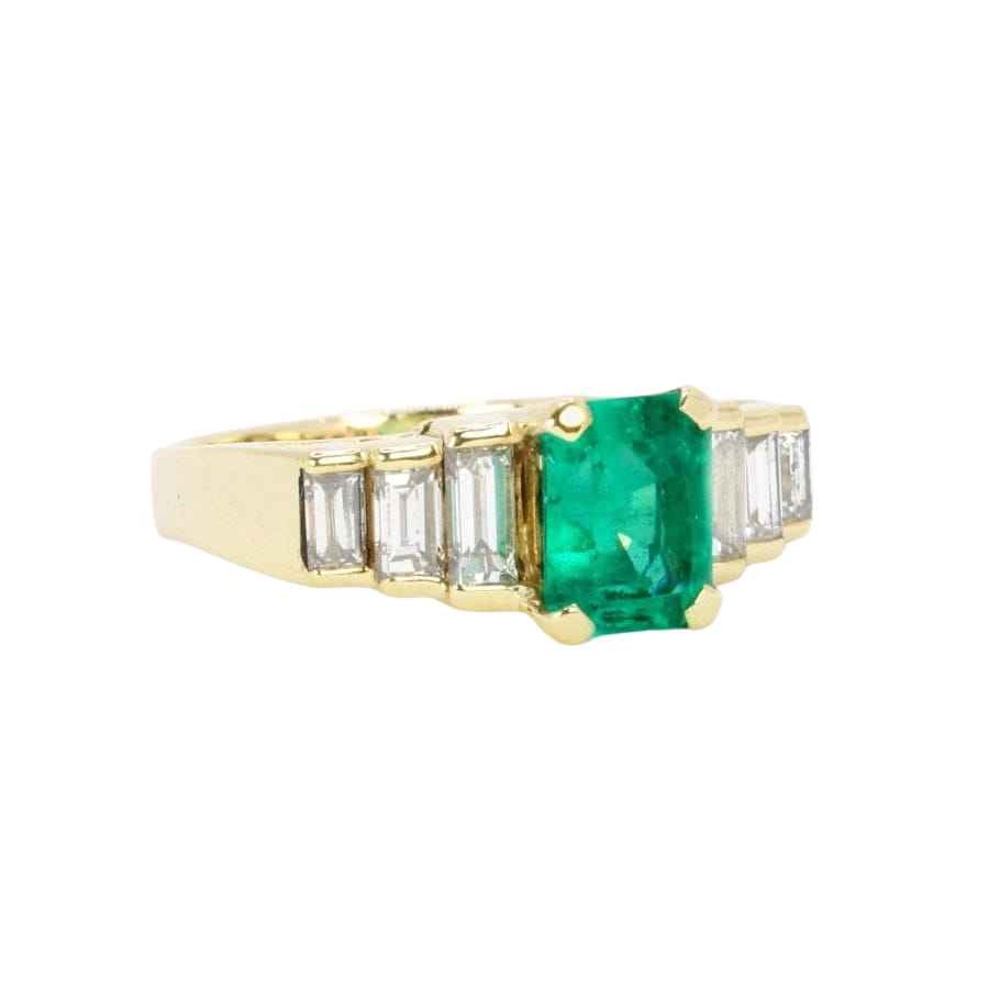 Bague Art Deco or jaune diamants emeraude colombienne Muzo 1,9 carat - Castafiore