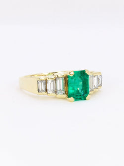 Bague Art Deco or jaune diamants emeraude colombienne Muzo 1,9 carat - Castafiore