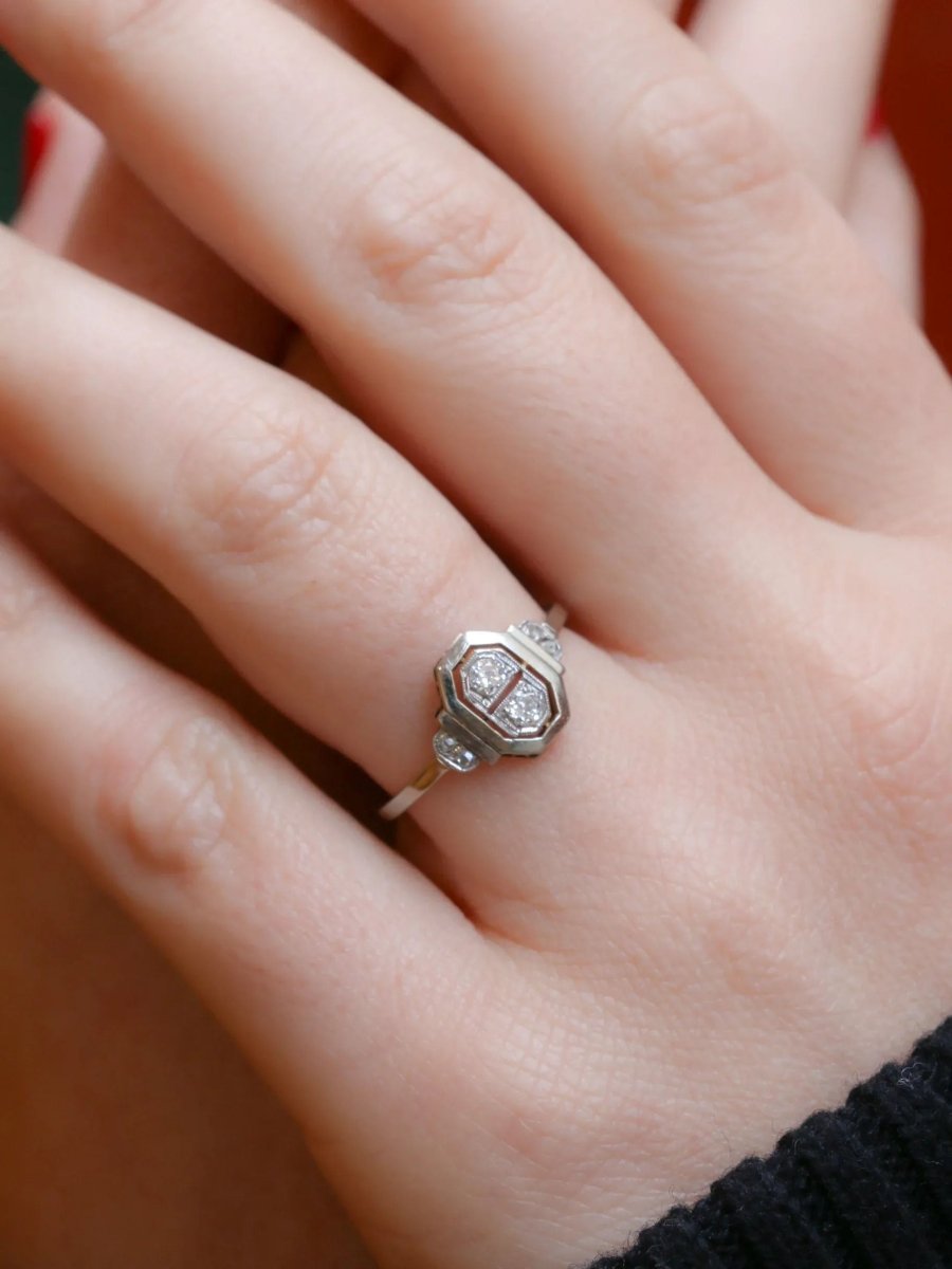 Bague Art Deco or platine diamants taille rose - Castafiore