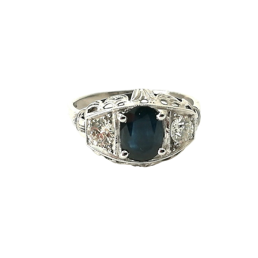 Bague Art Déco saphir diamants en or blanc et platine - Castafiore