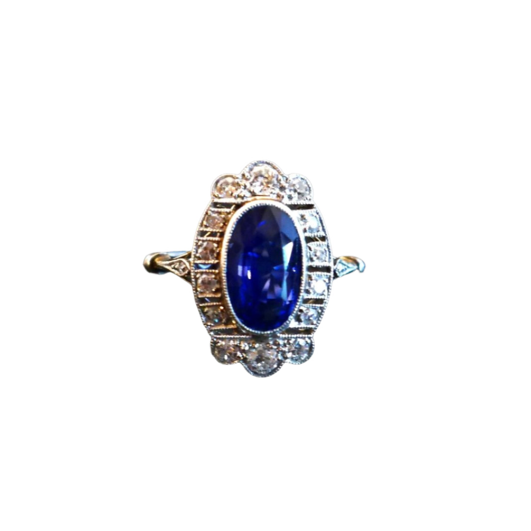 Bague Art Déco Saphir Naturel Non Chauffé Et Diamants, Certificat. - Castafiore