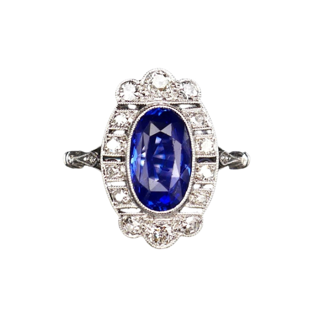 Bague Art Déco Saphir Naturel Non Chauffé Et Diamants, Certificat. - Castafiore
