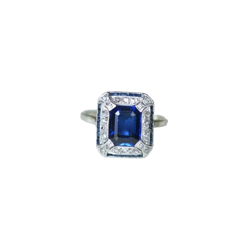 Bague Art Deco Saphir Synthétique Octogonale et Diamants