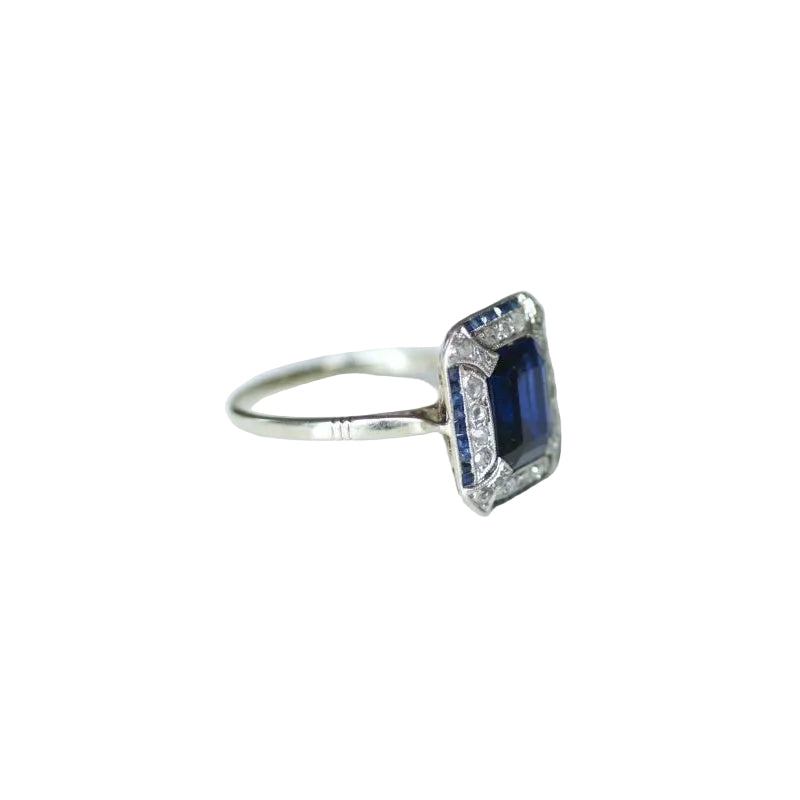 Bague Art Deco Saphir Synthétique Octogonale et Diamants - Castafiore