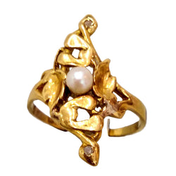 Bague ART NOUVEAU Marquise gravée en or jaune et perle - Castafiore