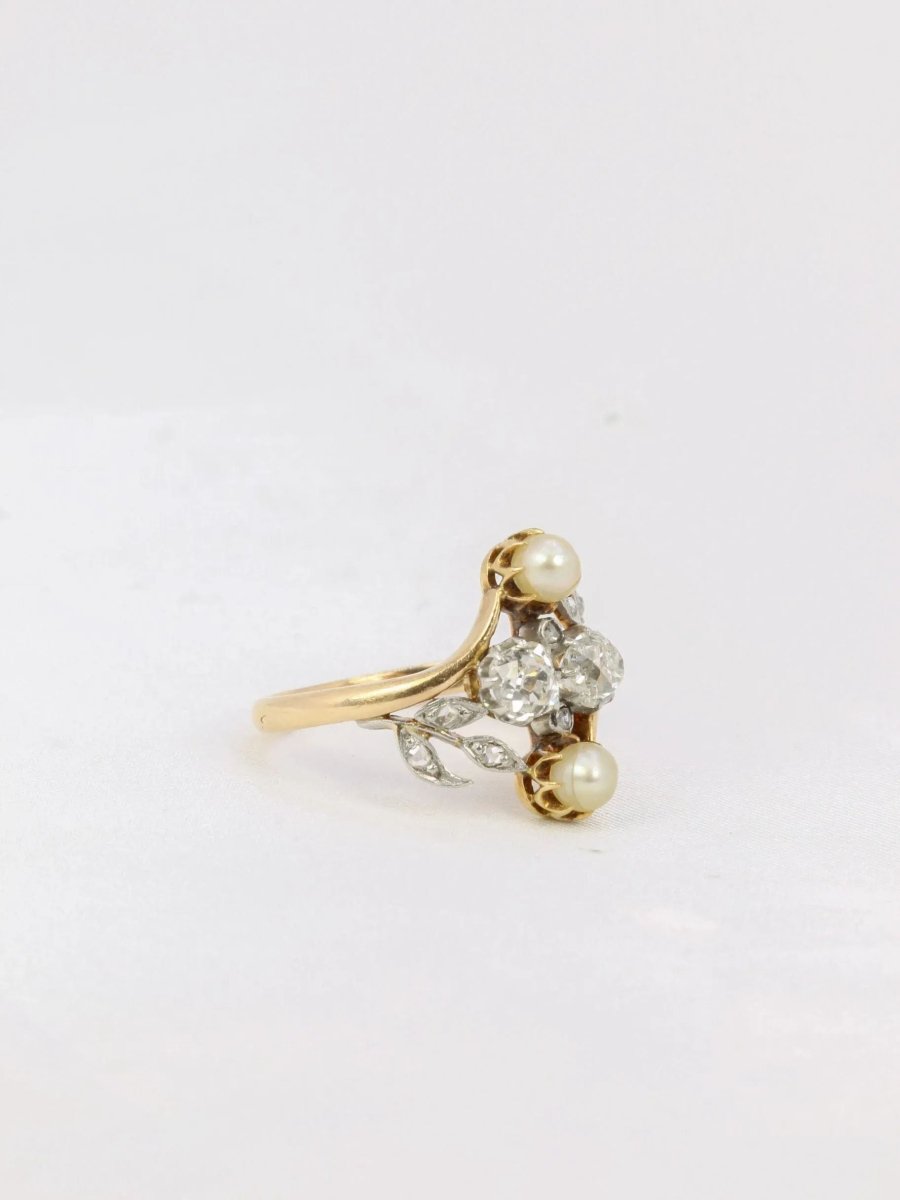 Bague Art Nouveau or diamants taille ancienne perles crème - Castafiore