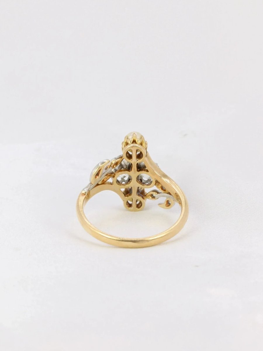 Bague Art Nouveau or diamants taille ancienne perles crème - Castafiore