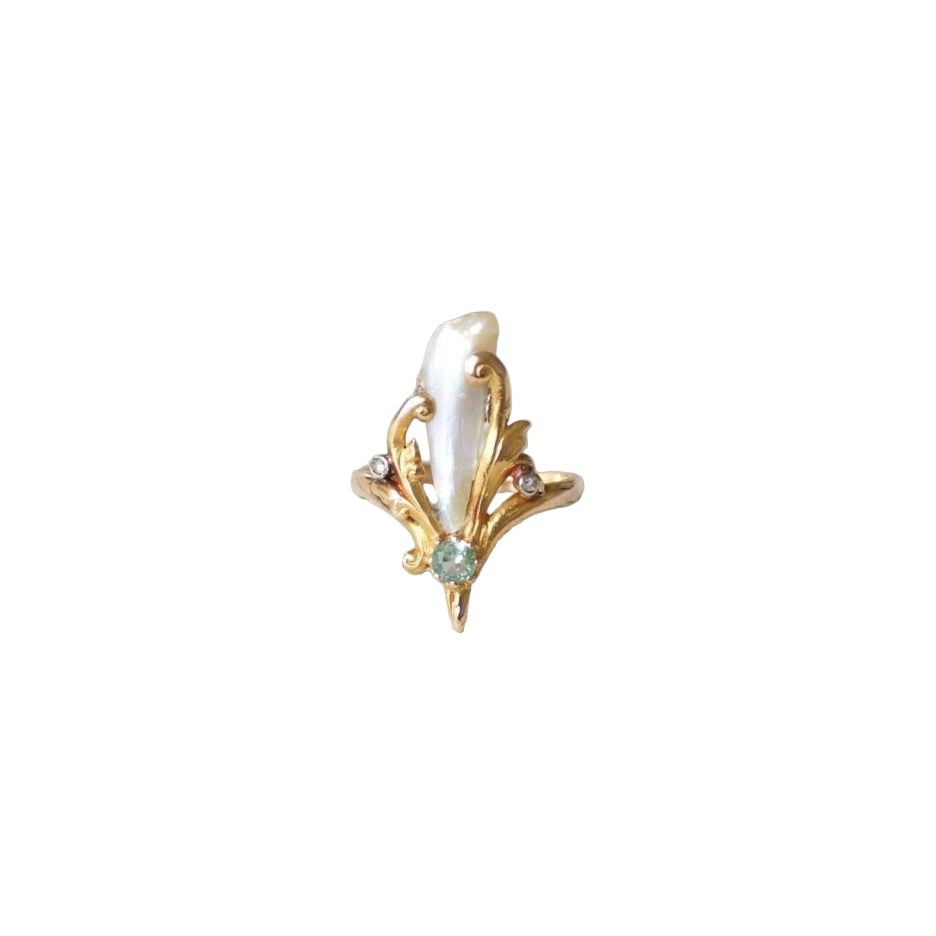 Bague Art Nouveau Perle Fine Baroque Emeraude et Diamants - Castafiore