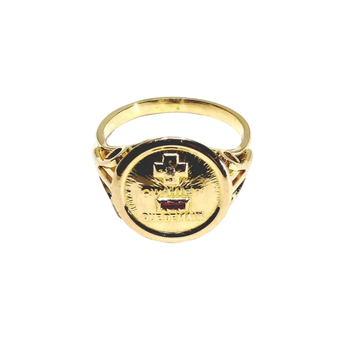 Bague AUGIS "Plus qu'hier, moins que demain" en or jaune, rubis et diamant - Castafiore