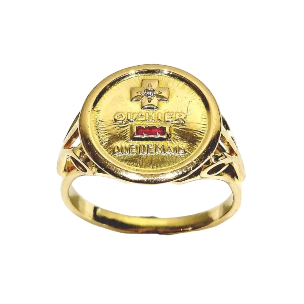 Bague AUGIS "Plus qu'hier, moins que demain" en or jaune, rubis et diamant - Castafiore