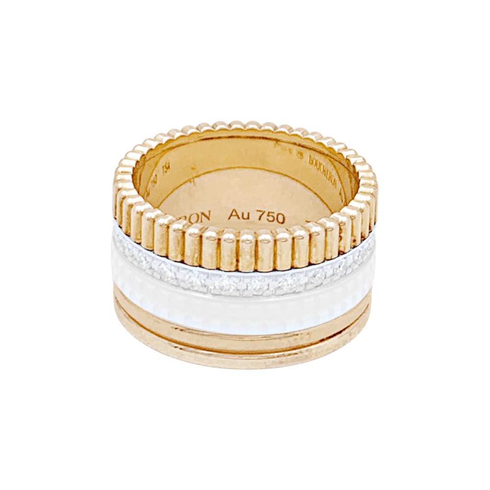 Bague Bandeau BOUCHERON "Quatre White Edition" en or jaune, or blanc, or rose, céramique et diamants - Castafiore