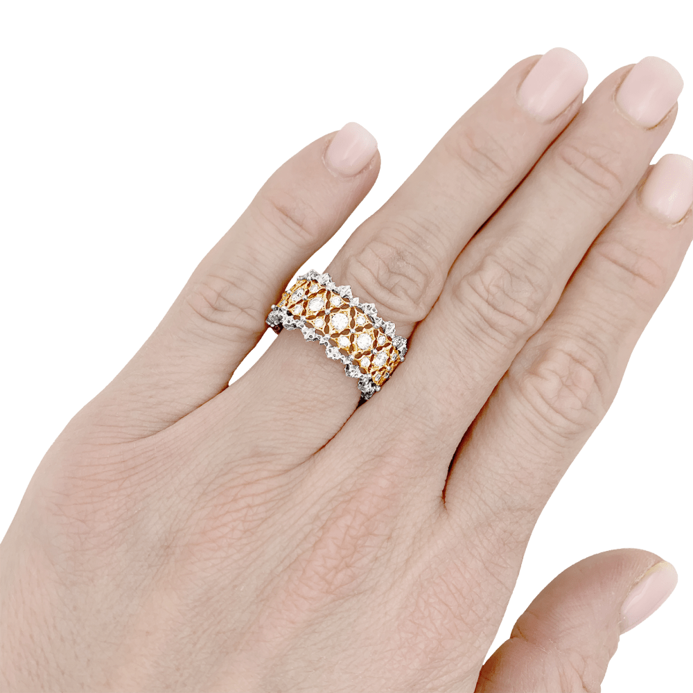 Bague Bandeau BUCCELLATI "Eternelle Band" en or jaune, or blanc et diamants - Castafiore