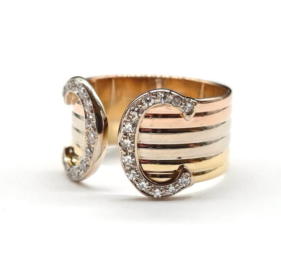 Bague Bandeau CARTIER "C de Cartier" en or blanc, or jaune, or rose et diamants - Castafiore
