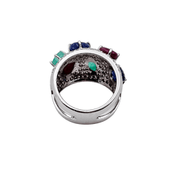 Bague Bandeau en or blanc, émeraudes, rubis, saphirs et diamants - Castafiore