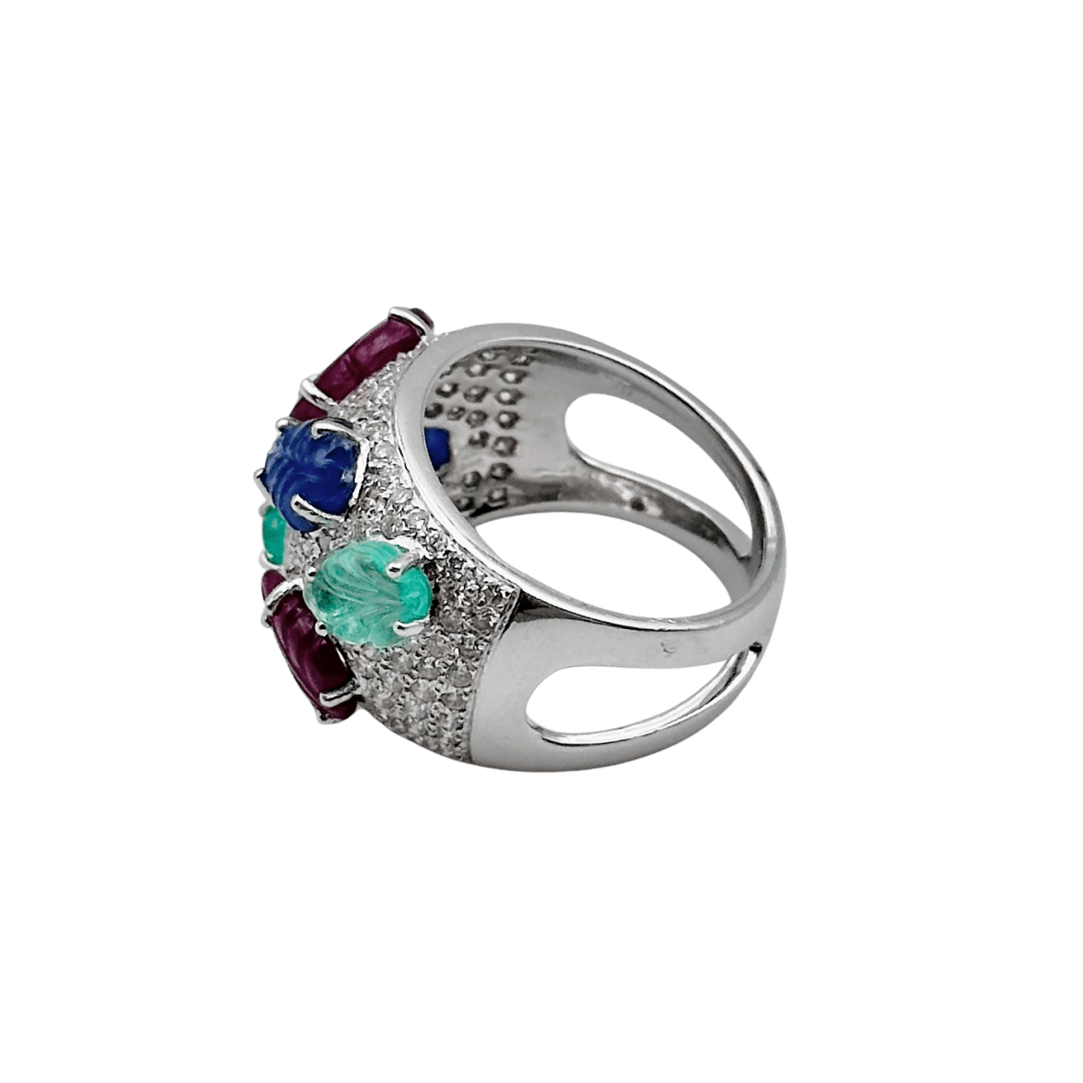 Bague Bandeau en or blanc, émeraudes, rubis, saphirs et diamants - Castafiore