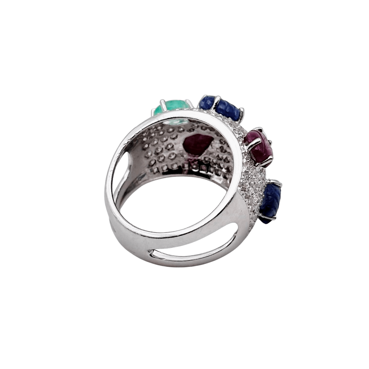 Bague Bandeau en or blanc, émeraudes, rubis, saphirs et diamants - Castafiore
