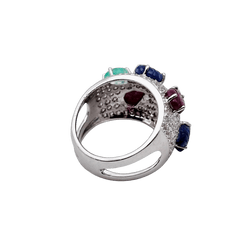 Bague Bandeau en or blanc, émeraudes, rubis, saphirs et diamants - Castafiore