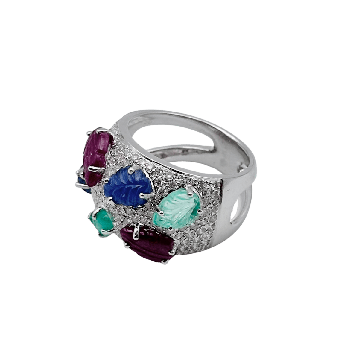 Bague Bandeau en or blanc, émeraudes, rubis, saphirs et diamants - Castafiore