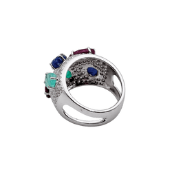 Bague Bandeau en or blanc, émeraudes, rubis, saphirs et diamants - Castafiore