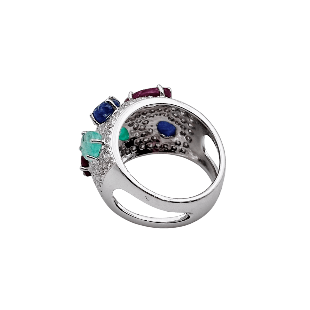 Bague Bandeau en or blanc, émeraudes, rubis, saphirs et diamants - Castafiore