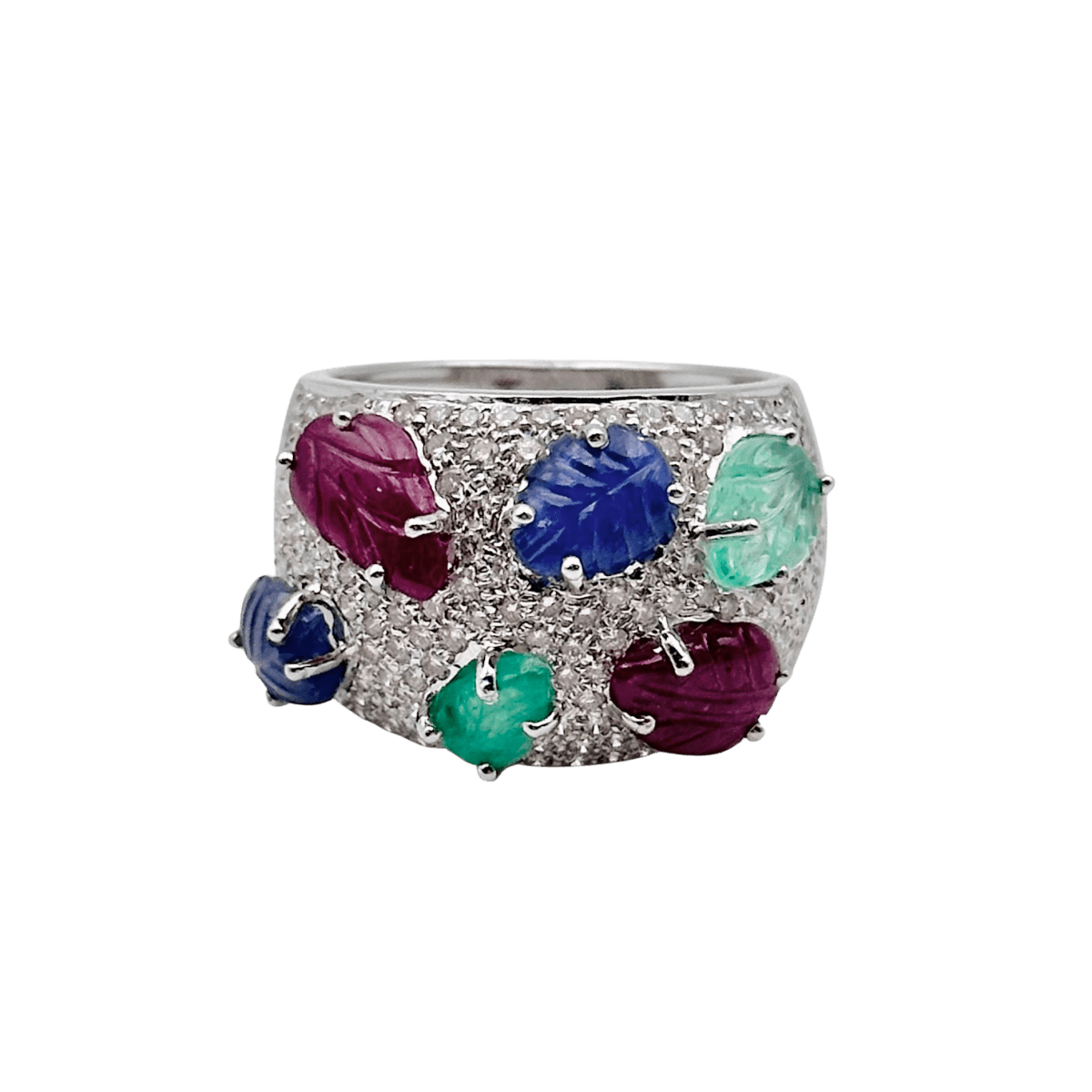 Bague Bandeau en or blanc, émeraudes, rubis, saphirs et diamants - Castafiore