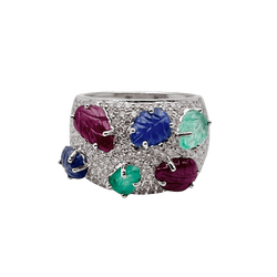 Bague Bandeau en or blanc, émeraudes, rubis, saphirs et diamants - Castafiore