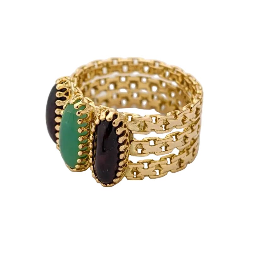 Bague Bandeau en or jaune, calcédoine et grenats - Castafiore