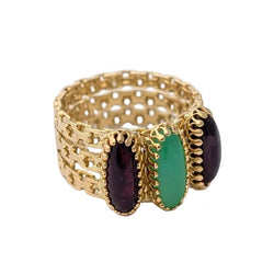 Bague Bandeau en or jaune, calcédoine et grenats - Castafiore