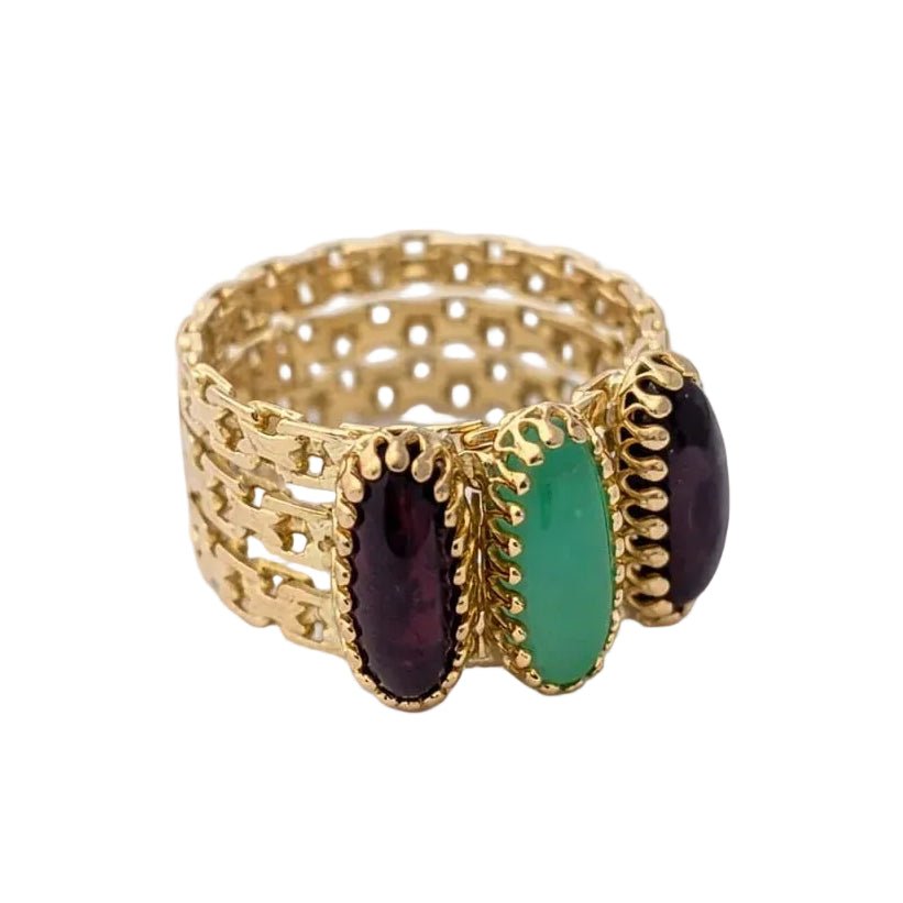 Bague Bandeau en or jaune, calcédoine et grenats - Castafiore